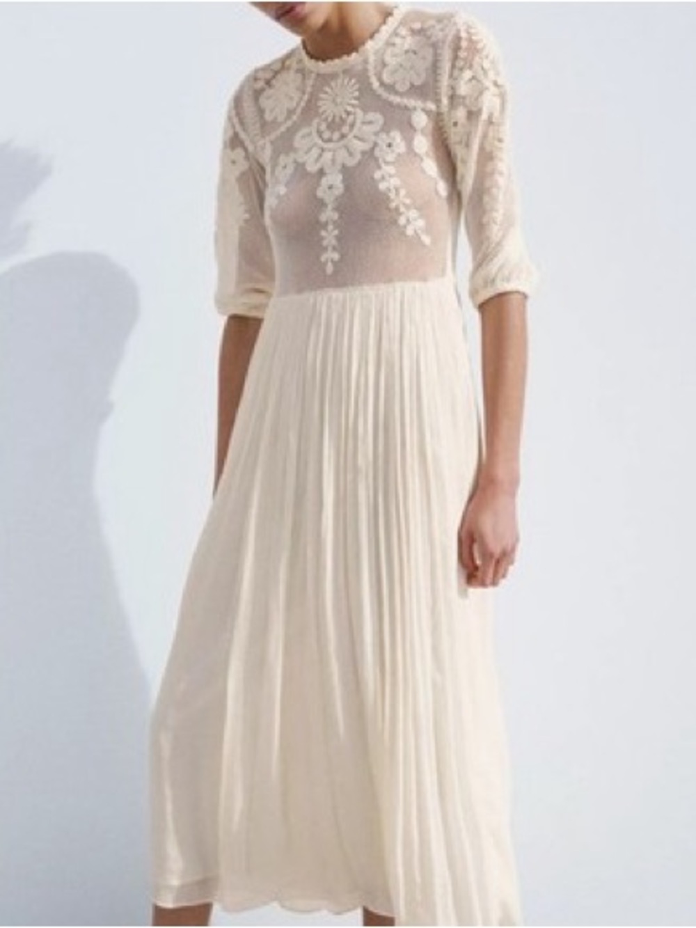 Zara Cream Embroidered Lace Midi Dress with Pleated Skirt Sz S worn once